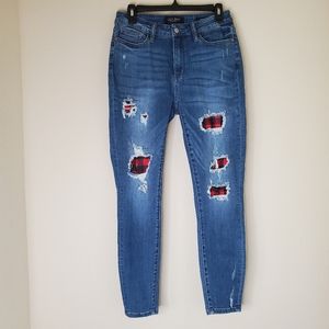 JUDY BLUE Women Skinny Jeans Sz 29 Buffalo Plaid Patch Distressed Holiday